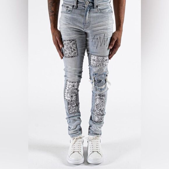 Serenede Light Wash Vanilla Sky Patched Denim Men's Skinny Jeans 42 x 32 - Picture 1 of 8
